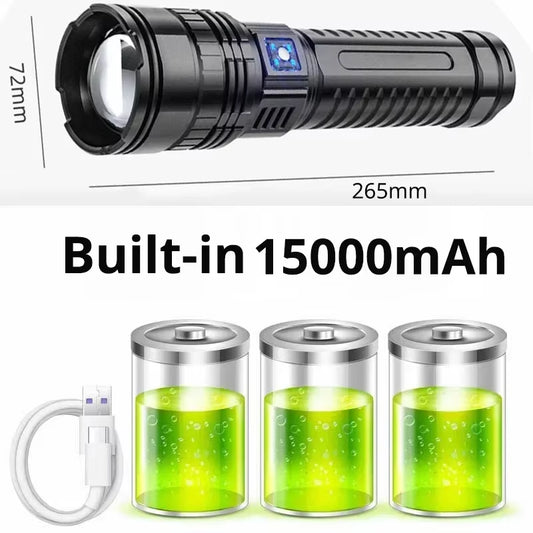 Ultra Bright LED Flashlight Powerful Tactical Torch 15000Mah Built-In Battery Emergency Camping Spotlights with Tail Light