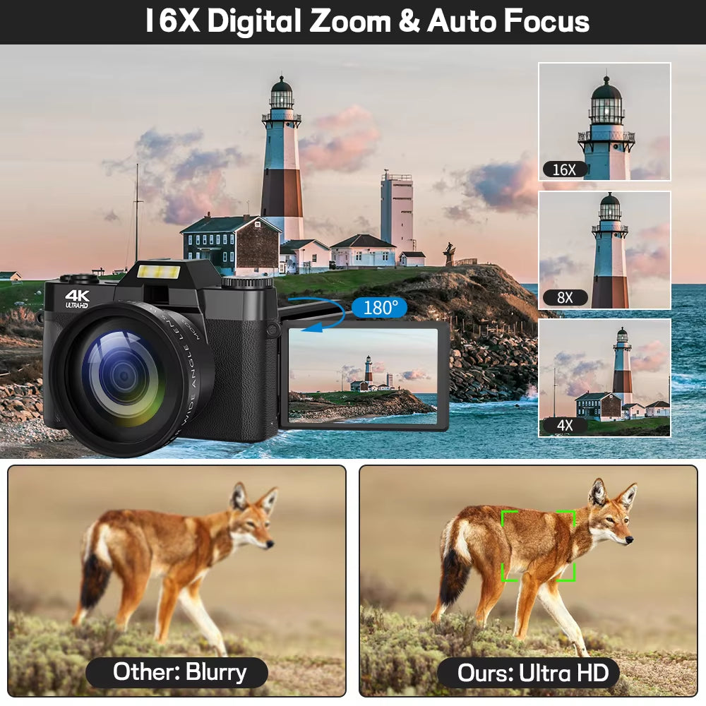 Compact Digital Photography Camera 4K WIFI Webcam Retro Vlog Recorder Youtube 64MP Camcorder 3 Inch Flip Screen Wide Angle Lens
