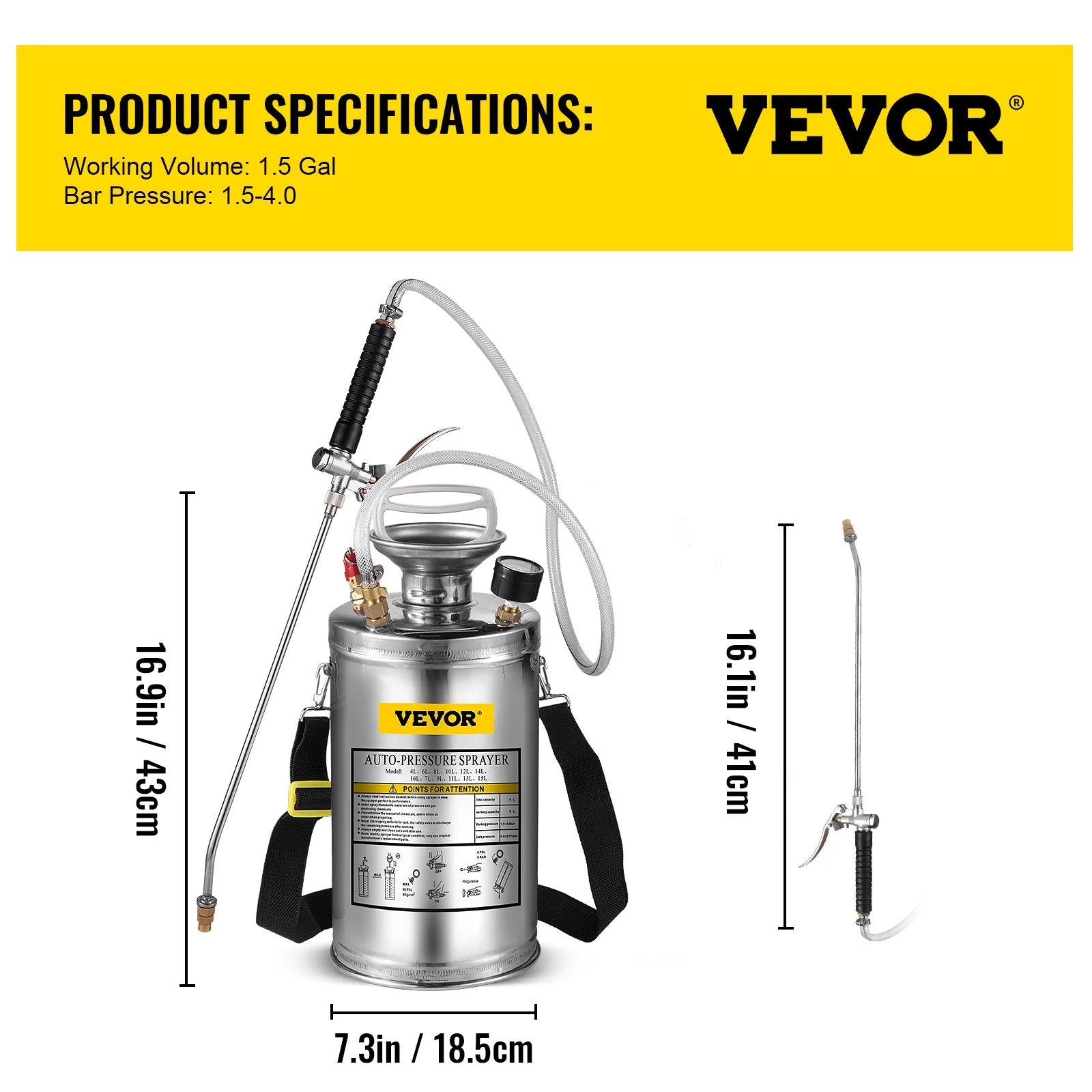 VEVOR 1.5Gal Stainless Steel Sprayer, Set with 16 Wand& Handle& 3.3FT Reinforced Hose, Hand Pump Sprayer with Pressure Gauge&Safety Valve, Adjustable Nozzle Suitable for Gardening& Sanitizing
