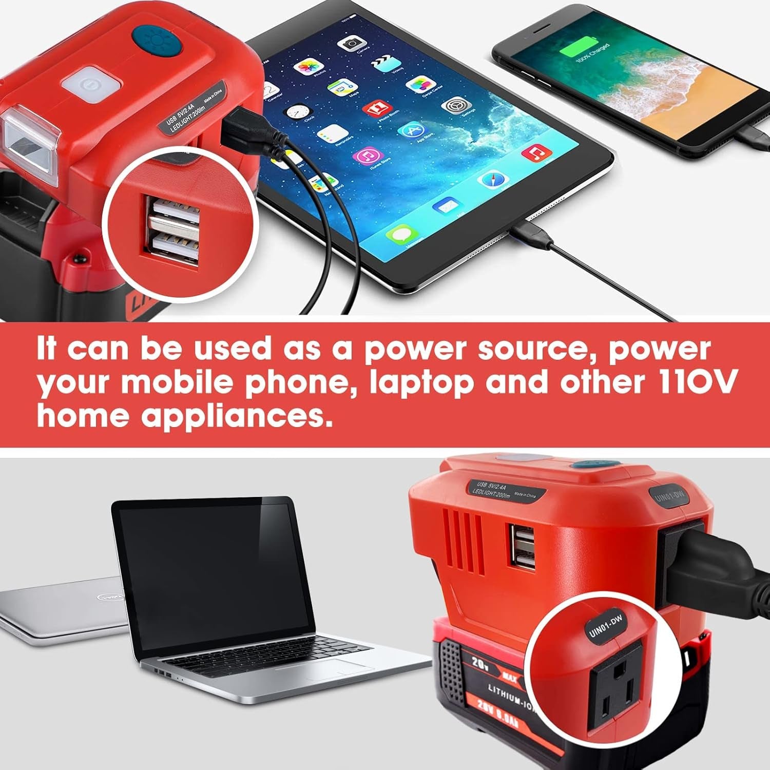 For Craftsman 20V Powered Inverter Generator 150W, for Craftsman Battery DC 20V to 110V AC Output, Portable Power Station Source USB Charger Adapter, with LED Light
