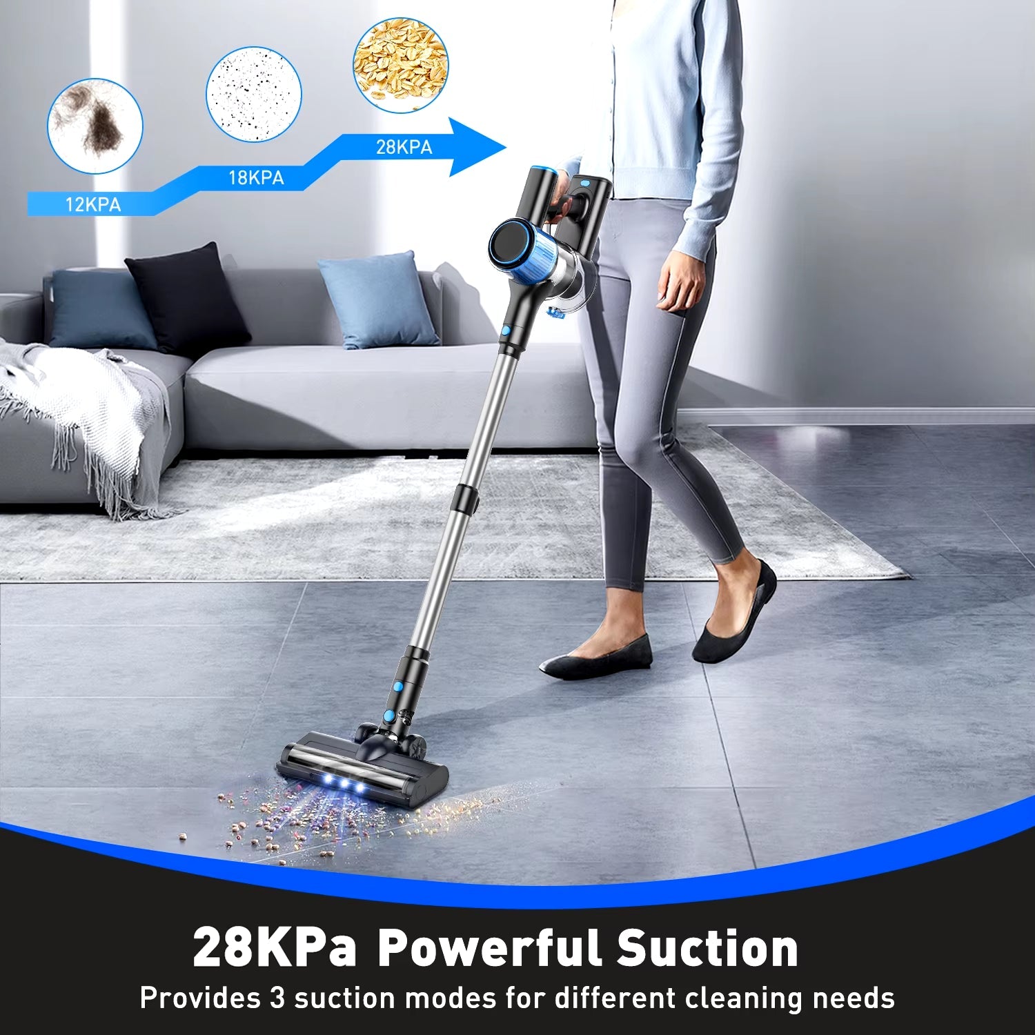 28Kpa 300W Handheld Cordless Vacuum Cleaner 8 in 1 Powerful Suction Stick Vacuum 1.5L Dust Cup for Pet Hair/Carpet/Hard Floor