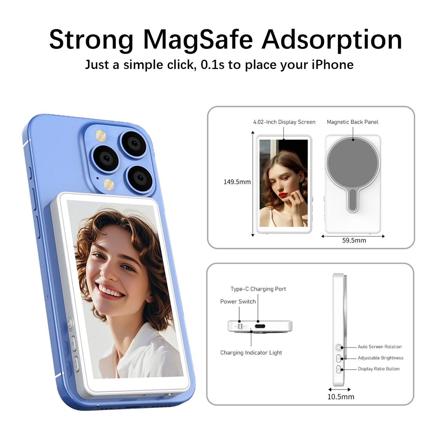 Magnetic Phone Vlog Selfie Monitor Screen, 1080P Wireless Recording, Using Phone Rear Camera for Selfie Vlog Live Stream Tiktok, Compatible with Iphone