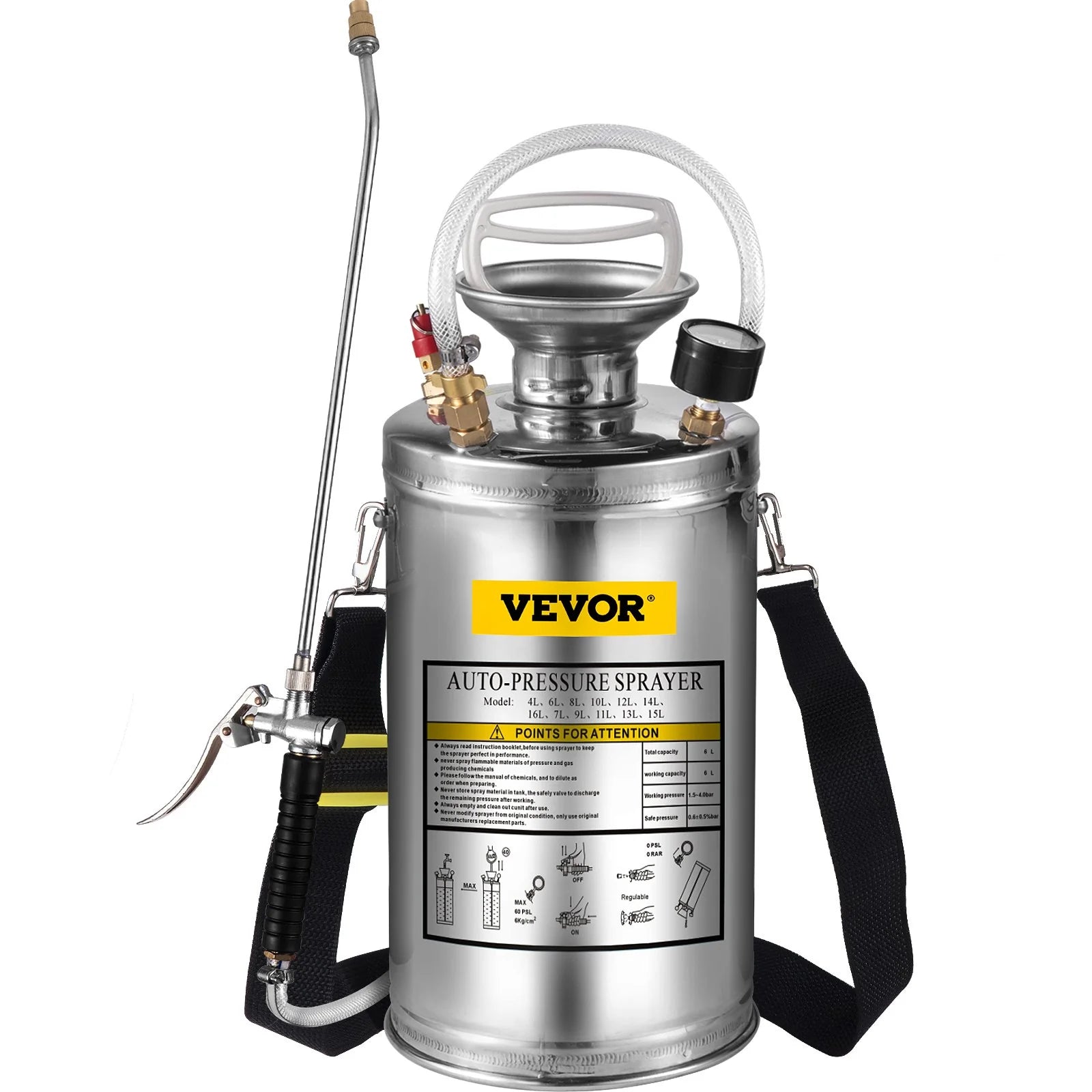 VEVOR 1.5Gal Stainless Steel Sprayer, Set with 16 Wand& Handle& 3.3FT Reinforced Hose, Hand Pump Sprayer with Pressure Gauge&Safety Valve, Adjustable Nozzle Suitable for Gardening& Sanitizing