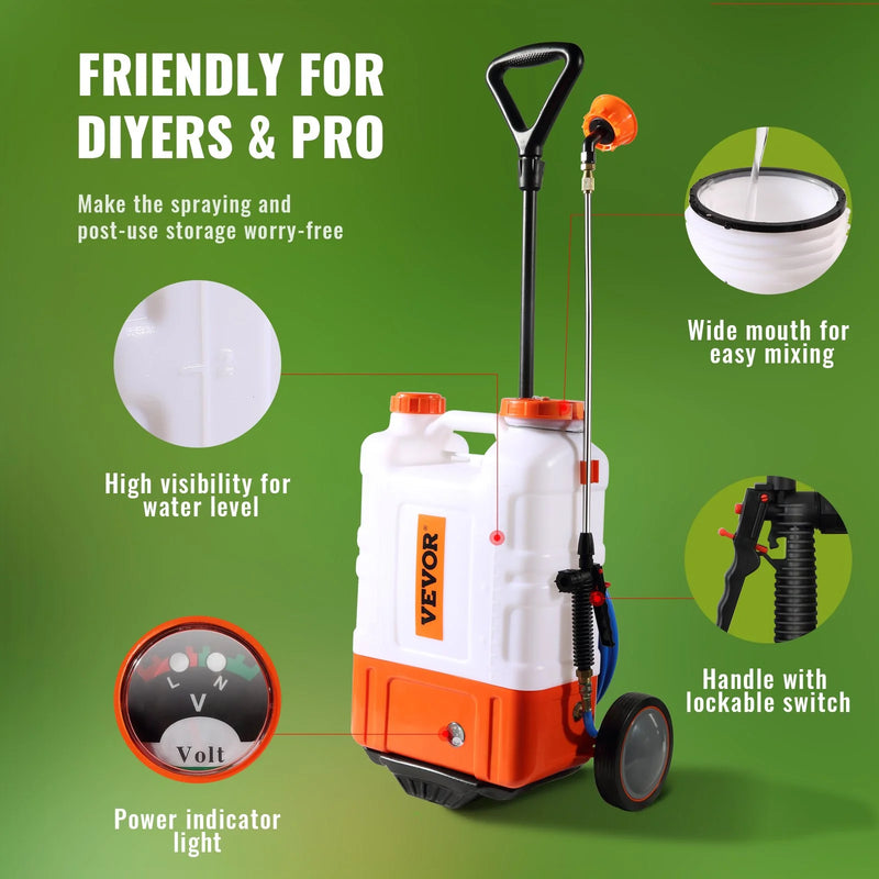 VEVOR Battery Powered Backpack Sprayer with Cart, 0-94 PSI Adjustable Pressure, 4 Gallon Tank on Wheels, with 8 Nozzles and 2 Wands, 12V 7.2Ah Battery, Wide Mouth Lid for Weeding, Spraying, Cleaning