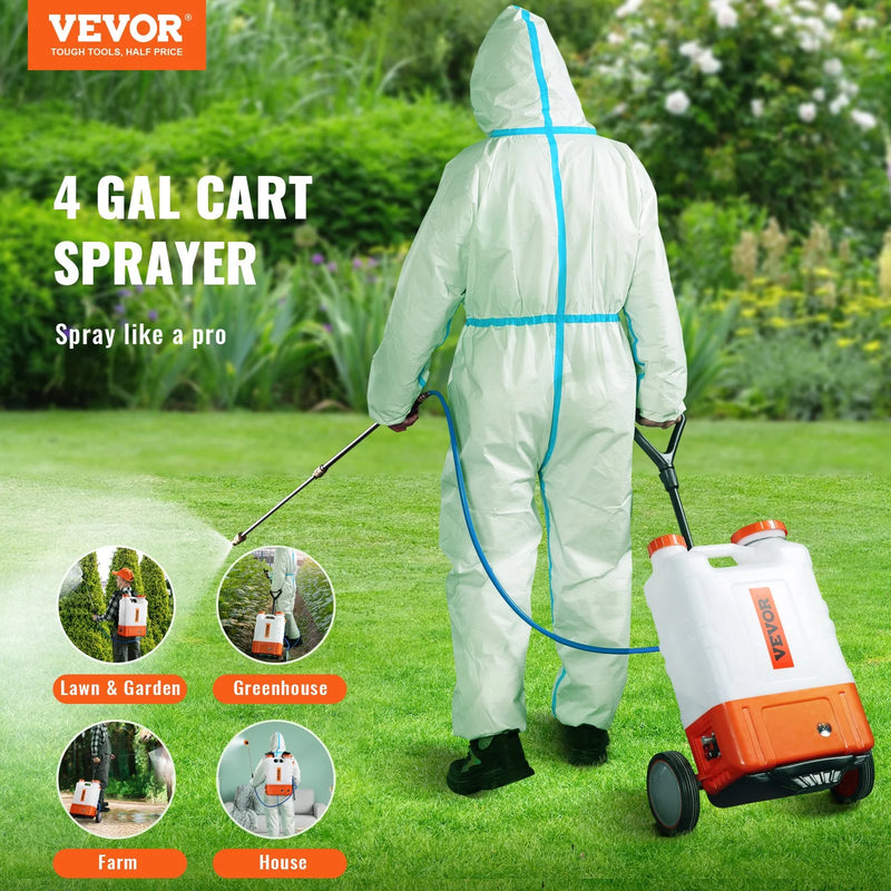 VEVOR Battery Powered Backpack Sprayer with Cart, 0-94 PSI Adjustable Pressure, 4 Gallon Tank on Wheels, with 8 Nozzles and 2 Wands, 12V 7.2Ah Battery, Wide Mouth Lid for Weeding, Spraying, Cleaning