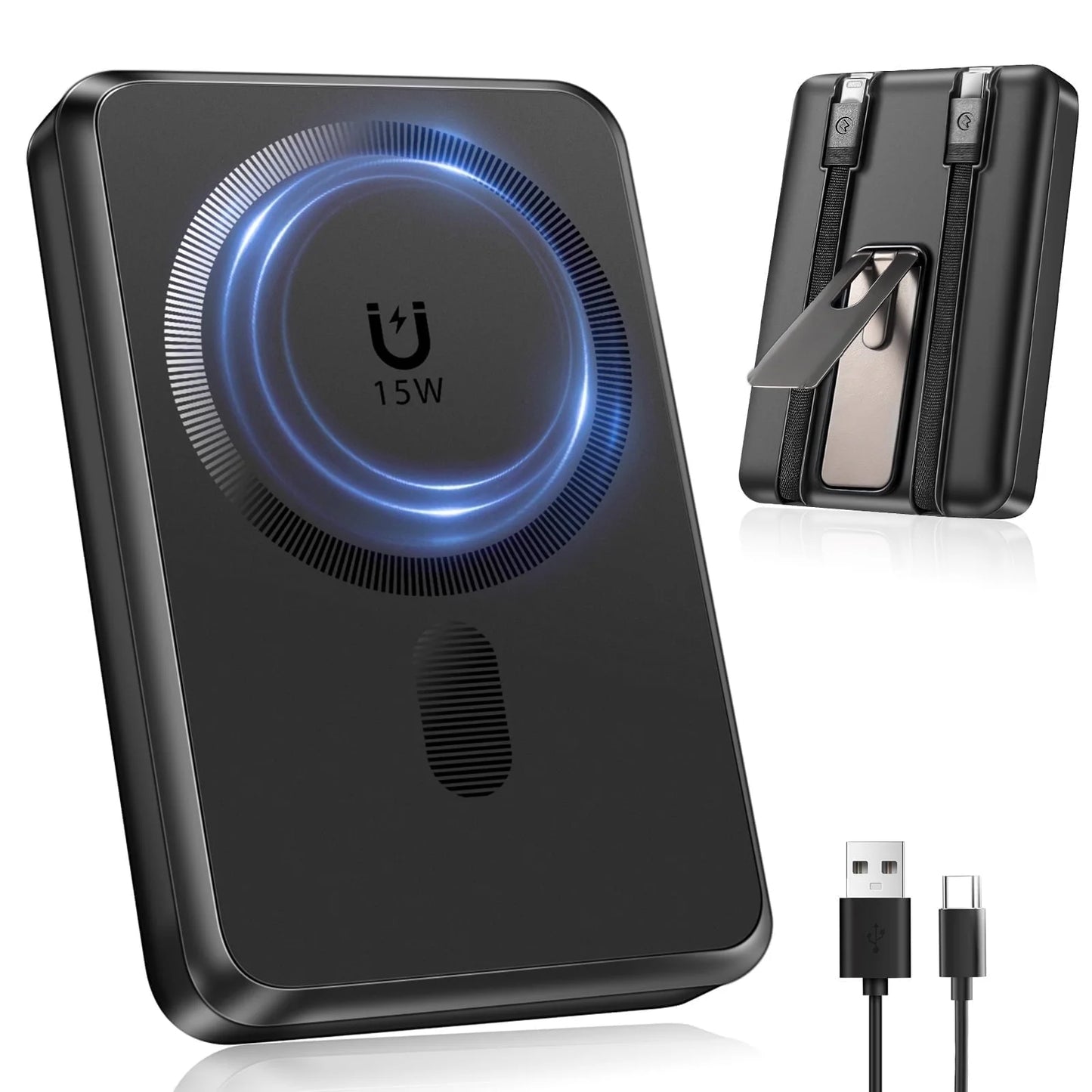 Magnetic Power Bank, 10,000Mah Wireless Portable Charger with 15W Max Fast Charging, Magsafe Battery Pack with Built-In USB-C Cable and Adjustable Stand, for Iphone 16/15/14 All Series-Black