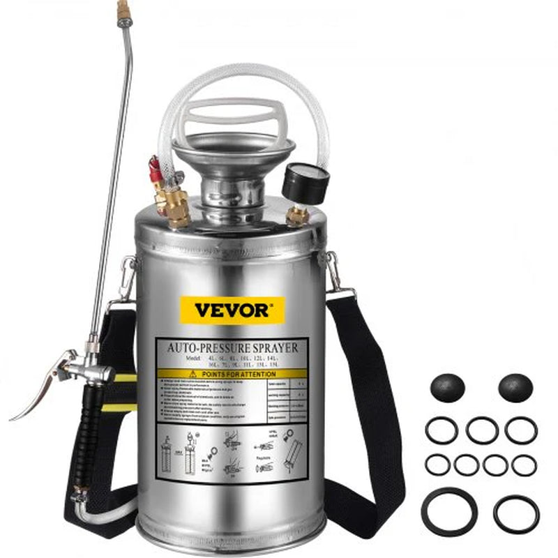 VEVOR 1.5Gal Stainless Steel Sprayer, Set with 16 Wand& Handle& 3.3FT Reinforced Hose, Hand Pump Sprayer with Pressure Gauge&Safety Valve, Adjustable Nozzle Suitable for Gardening& Sanitizing
