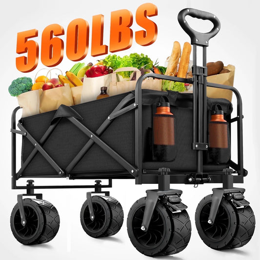 Collapsible Folding Wagon Cart, 560Lbs Heavy Duty Garden Wagon, 155L Large Capacity Utility Foldable Beach Cart with All-Terrain Wheels for Outdoor Camping, Shopping, Sports, Grocery, Black