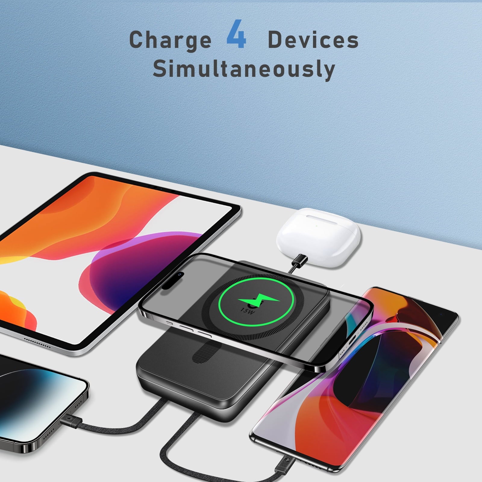 Magnetic Power Bank, 10,000Mah Wireless Portable Charger with 15W Max Fast Charging, Magsafe Battery Pack with Built-In USB-C Cable and Adjustable Stand, for Iphone 16/15/14 All Series-Black