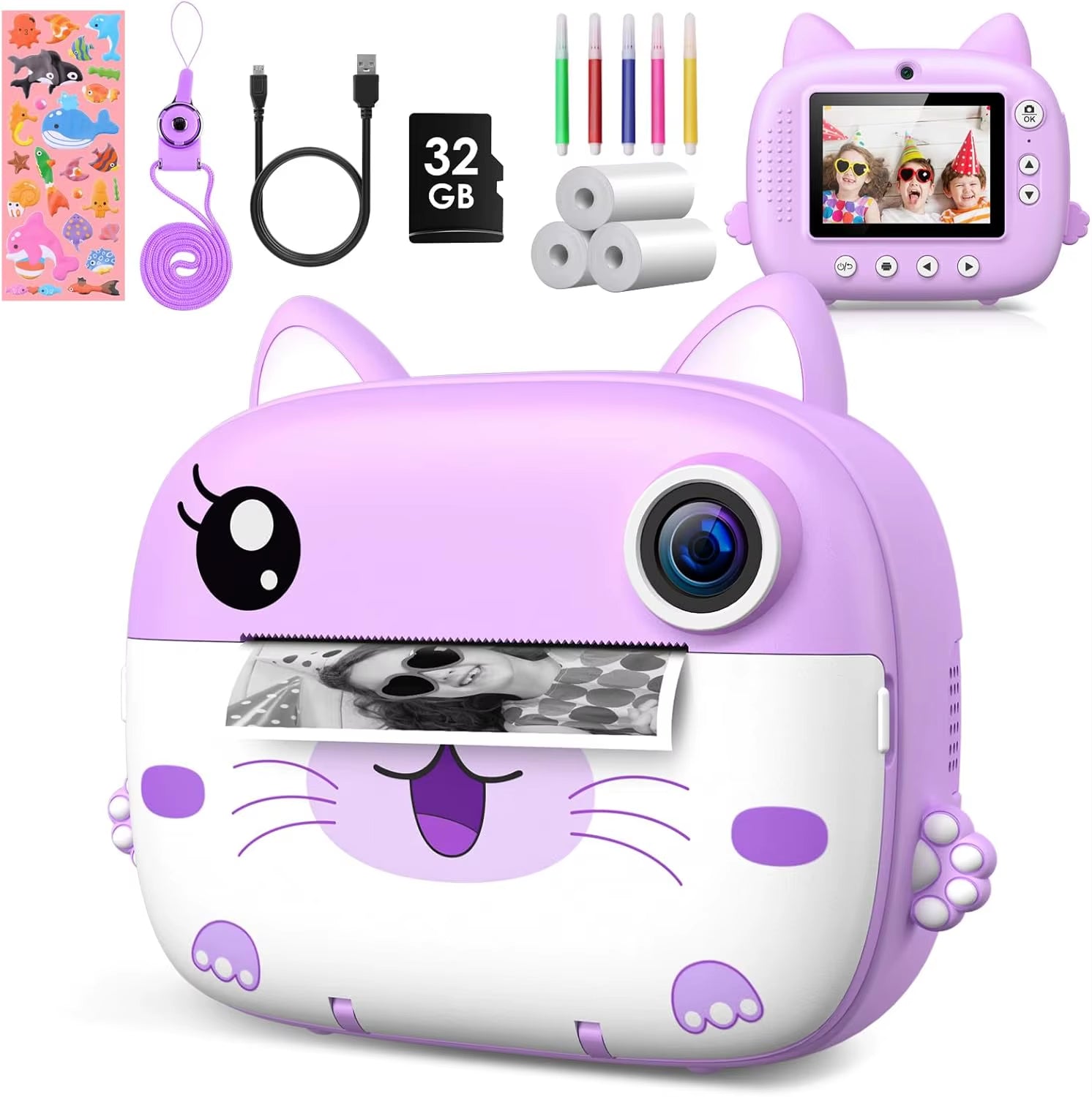 Kids Instant Print Camera 2.4 Inch 1080P Digital Camera Portable Cartoon Video Camera with 32GB Card & 5 Color Pens