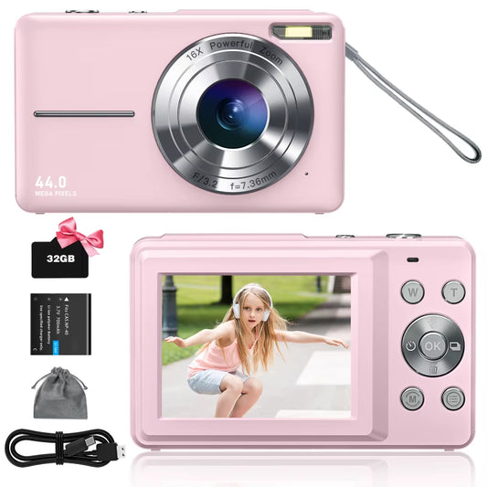 FHD 1080P Digital Camera for Kids Video Camera with 32GB SD Card 16X Digital Zoom Compact Point and Shoot Camera for Students