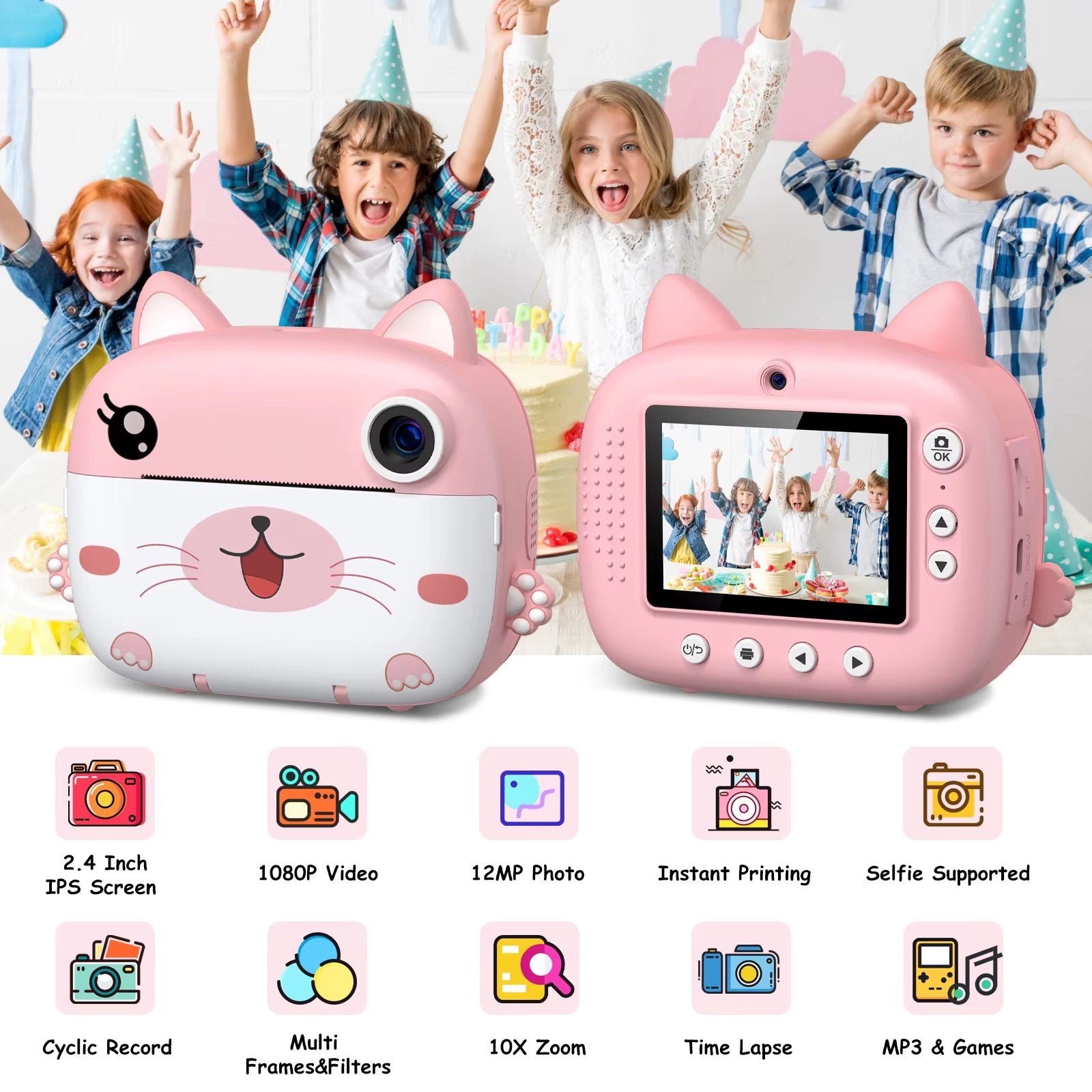 Kids Instant Print Camera 2.4 Inch 1080P Digital Camera Portable Cartoon Video Camera with 32GB Card & 5 Color Pens