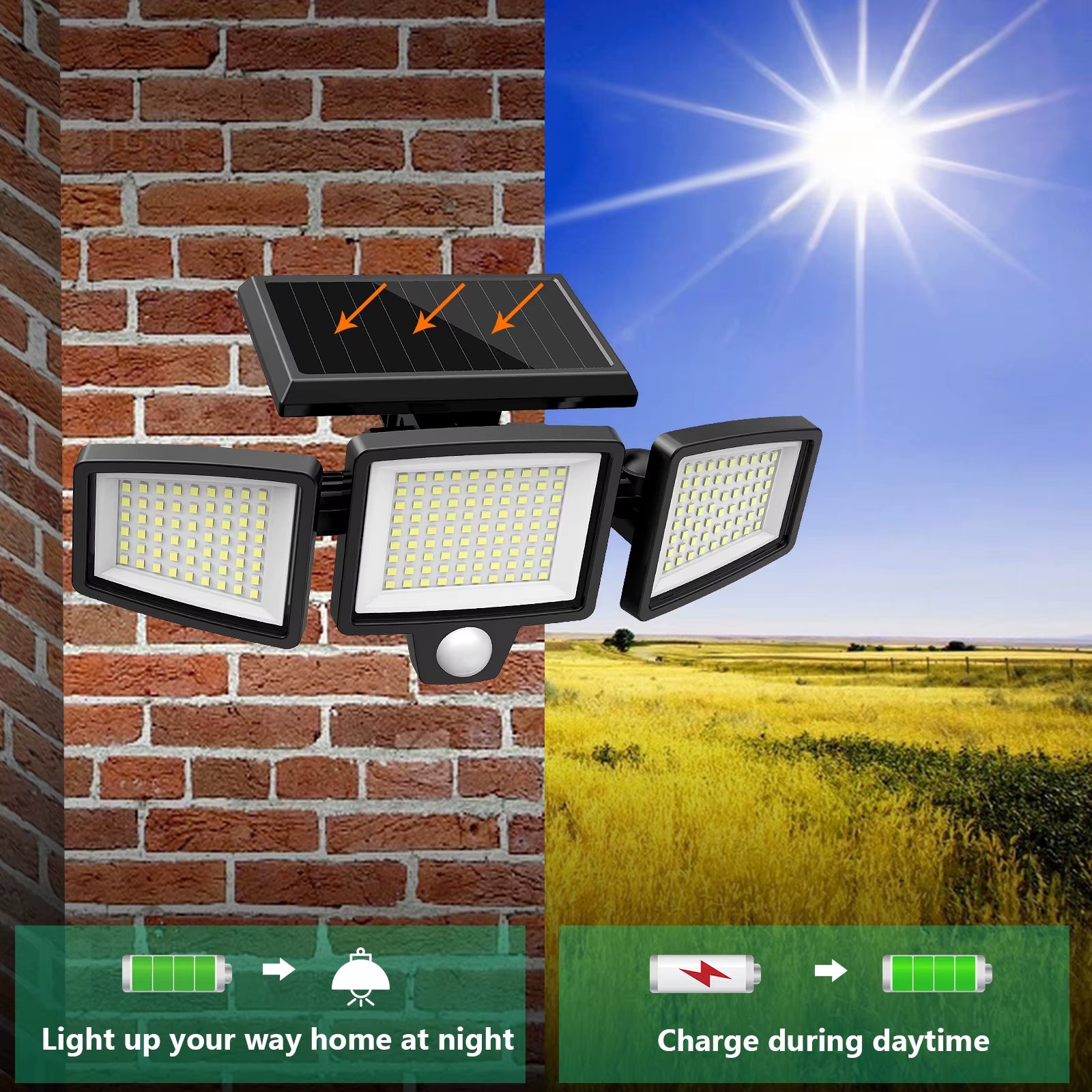 (1/2/3Pack)3 Heads Solar Outdoor Light, 210LED 2500LM Motion Sensor Security Light with Wireless Remote Control, IP65 Waterproof