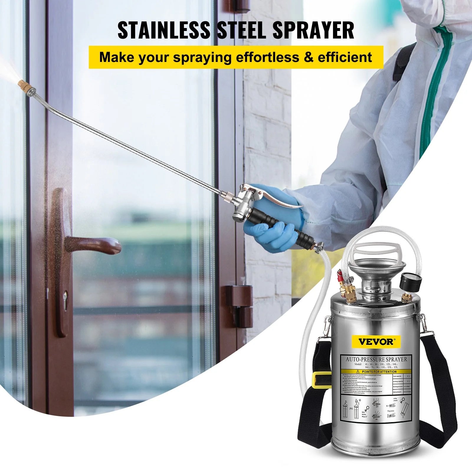VEVOR 1.5Gal Stainless Steel Sprayer, Set with 16 Wand& Handle& 3.3FT Reinforced Hose, Hand Pump Sprayer with Pressure Gauge&Safety Valve, Adjustable Nozzle Suitable for Gardening& Sanitizing